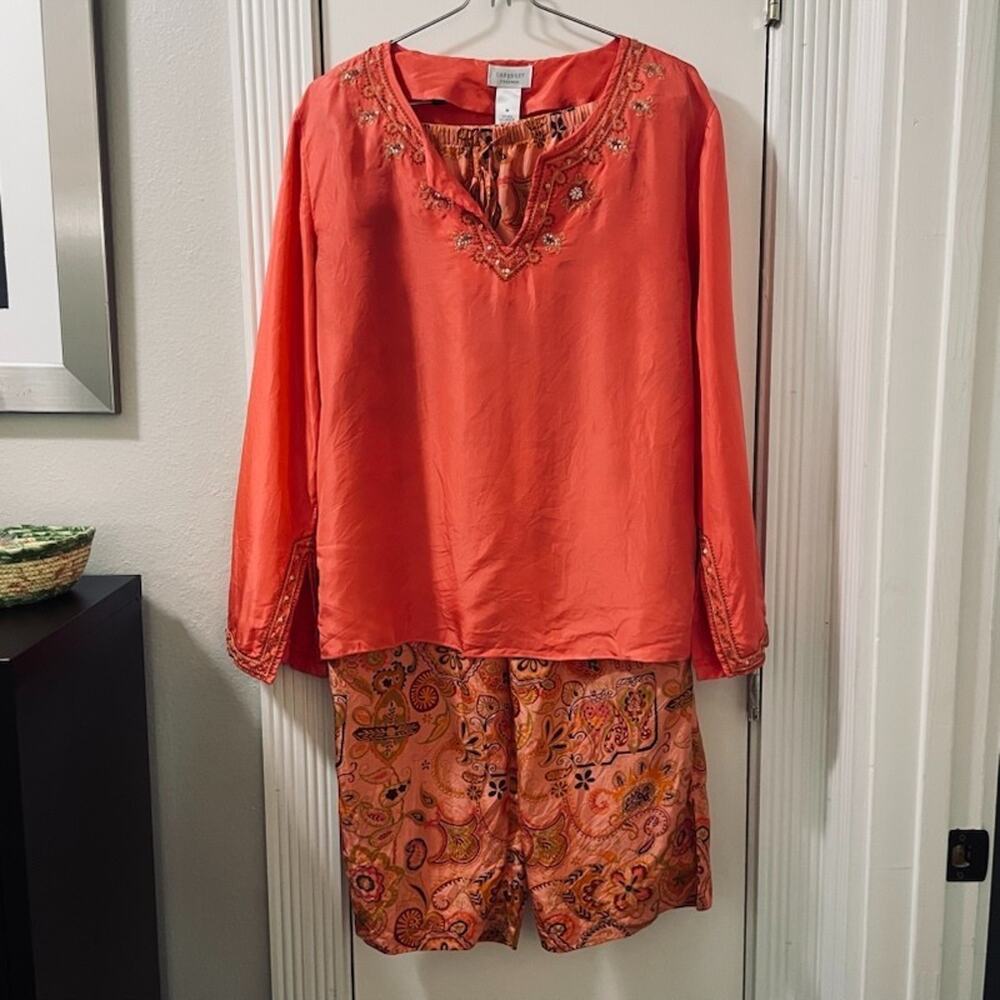 Pajama 2pc Silk Cabernet Medium Coral Embroidered Paisley Floral M